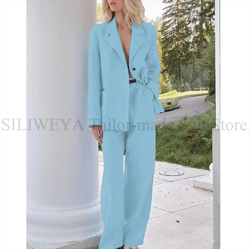 Elegant Light Blue Linen Women Suit Single Brested Jacket Pants 2 Piece Female Clothing Loose Casual Office Lady Balzer Set