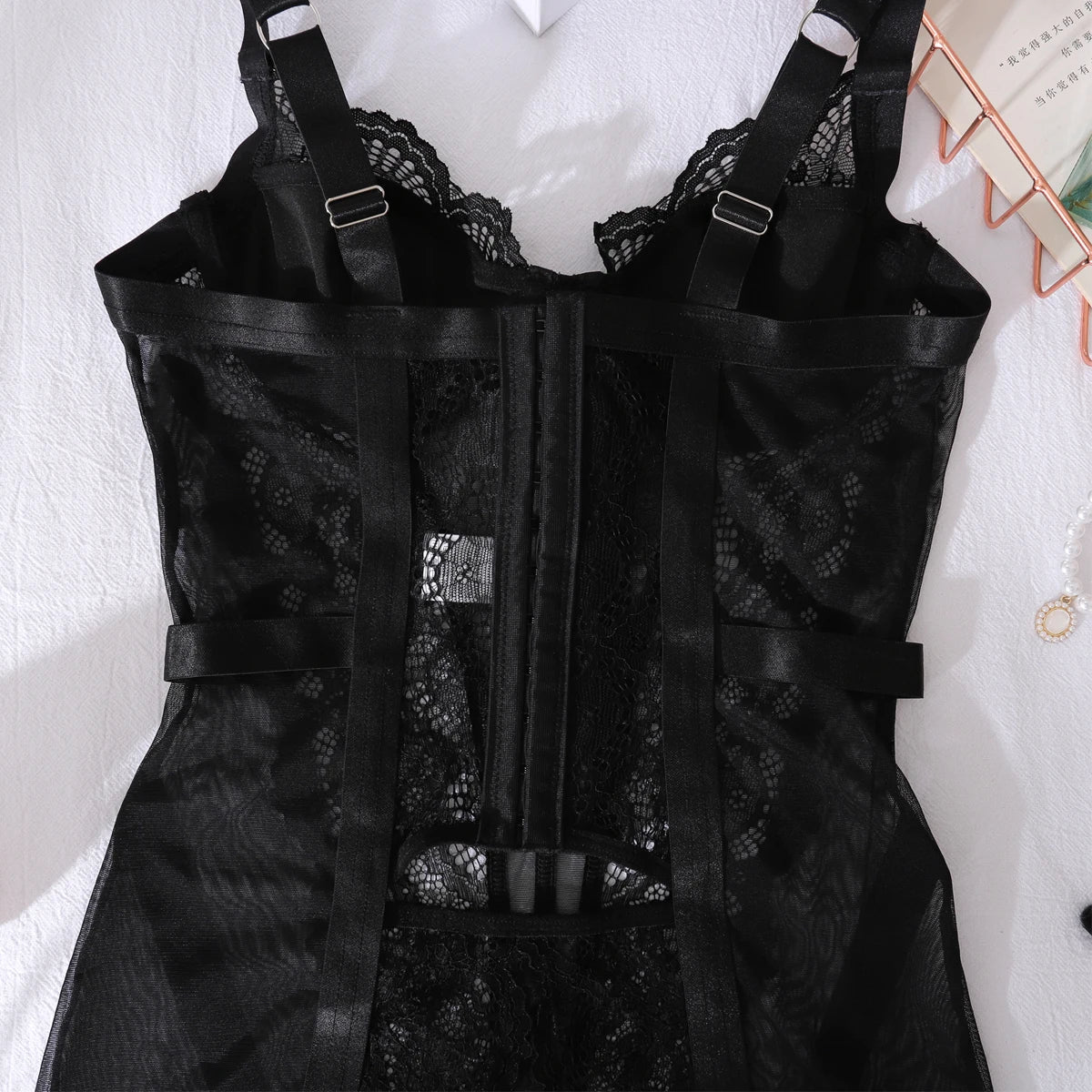 Cross border 2025 gathering body shaping one-piece fishbone lace see through lace sexy lingerie two-piece set