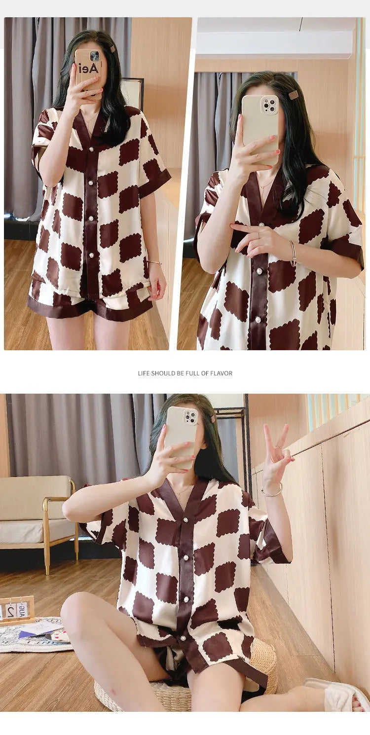 Luxury Women Silk Sleepwear Summer Short Sleeve Cardigan Shorts Two Pieces Homewear Kawaii Clothing Pajama Sets Nightwear Korean