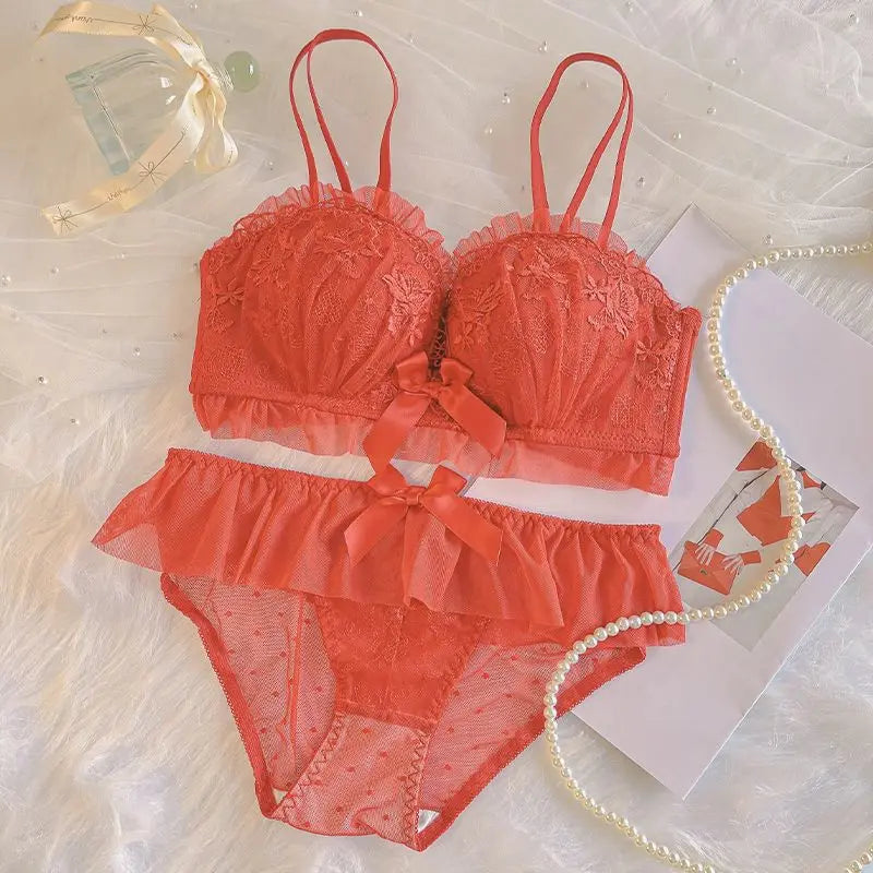 Sexy Lace Women's Bra Set Without Steel Ring Small Breasts Gathered Thickened Lifting Breast Adjustment Pure Desire Girls Bra