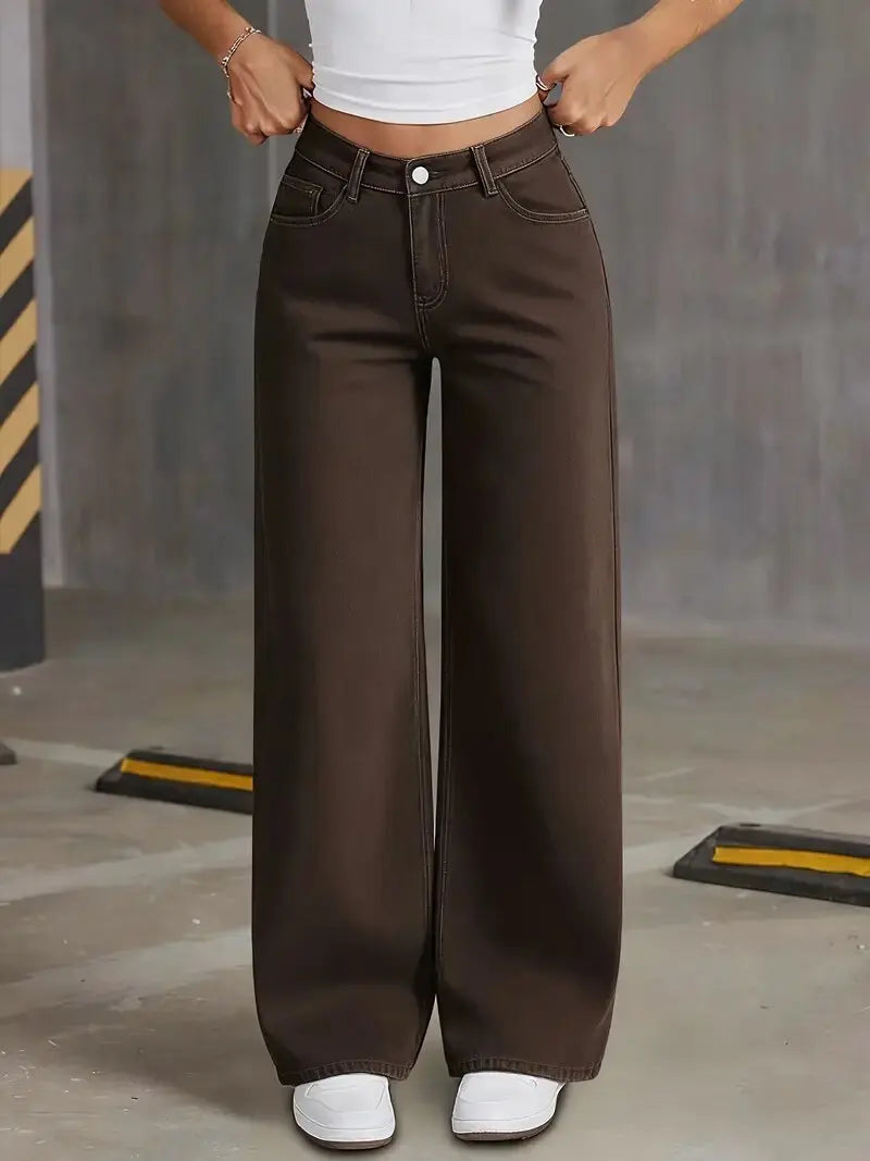Women's Coffee Brown Wide Leg Jeans High Waisted Super Stretchy Loose Fit Denim Trousers Streetwear
