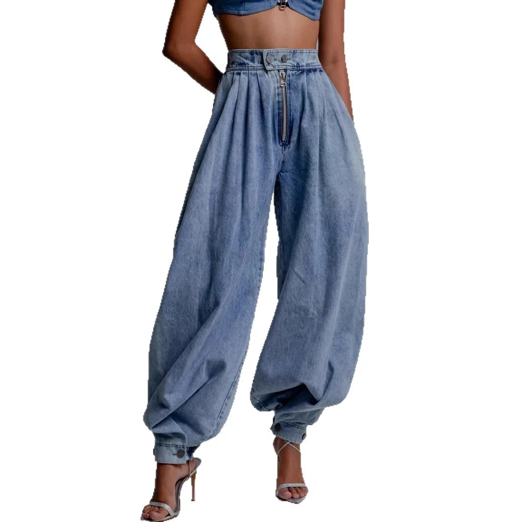 Jeans Women Denims Bloomers Pants Zipper High Waist Washed Distressed Female Vintage Ankle Length Trousers 2025 Streetwear