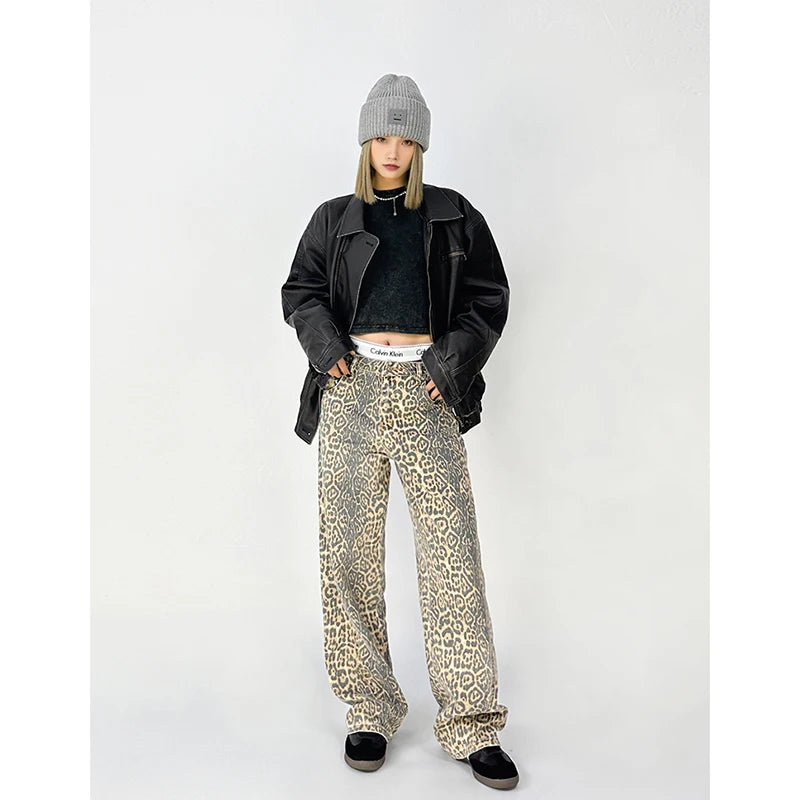 American Retro High Street Casual Overalls Leopard Print Loose Wide Leg Pants For Women Y2k Hip-hop Cargo Grunge Baggy Trousers