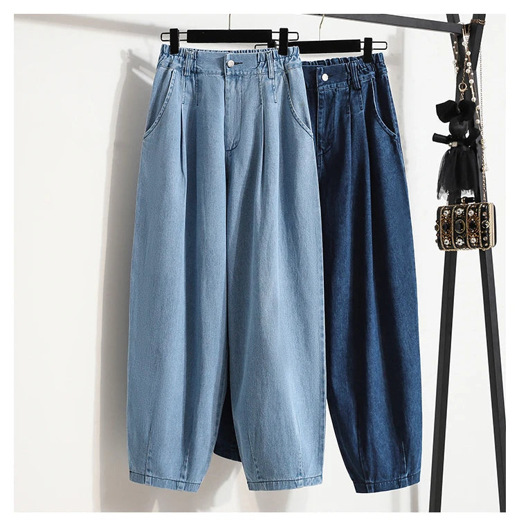 Oversized Women Jeans Spring Elastic Waist Wide Leg Loose Denim Harem Pants Large Size Female Baggy Pants