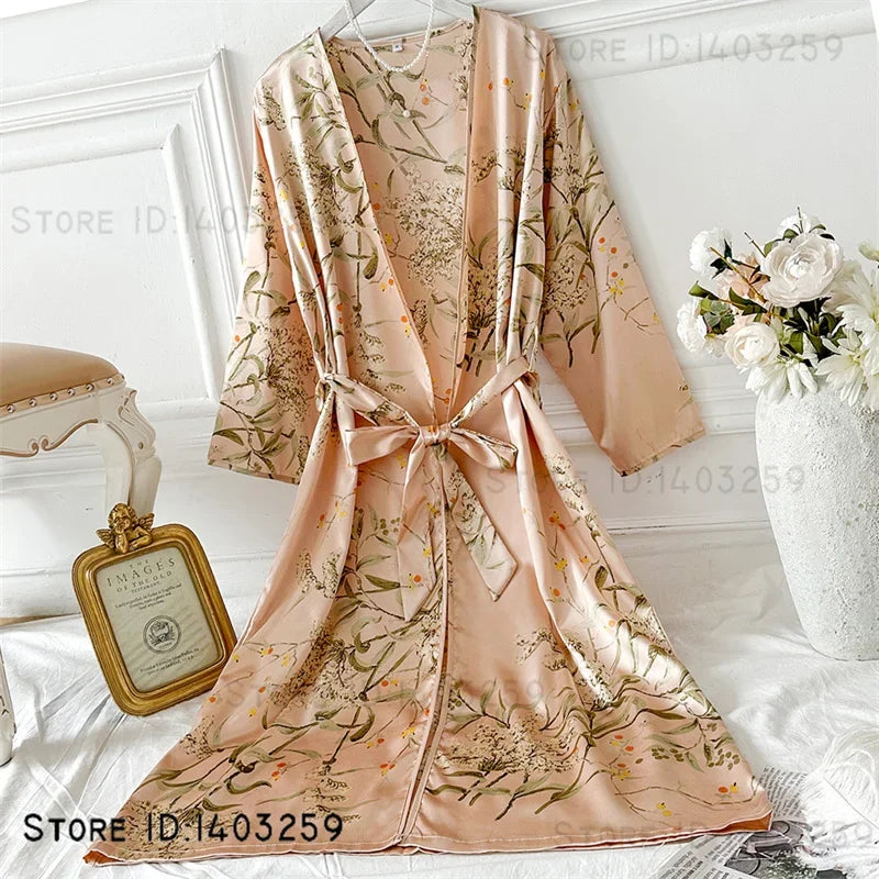 Large Size Female 3PCS Robe Pajamas Set Sexy Print Flower Kimono Batrobe Gown Spring Summer Sleepwear Homewear Satin Loungewear