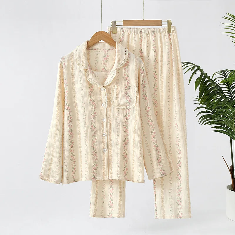 Summer women's 2-piece set of 100% pure cotton women's sleepwear bedroom set long sleeved+long pants women's sleepwear