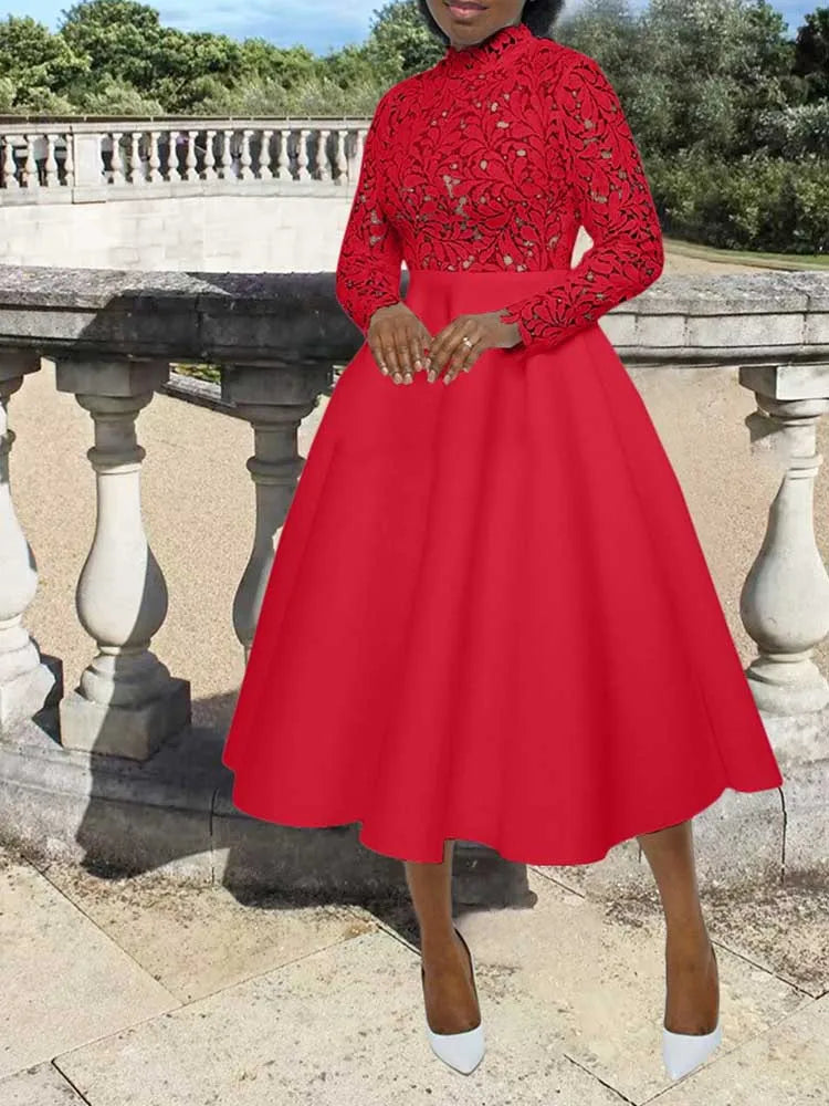 Elegant Party Dresses Woman Fall Fashion Lace Long Sleeve See Through Dress Vintage Laides Evening Dress Wholesale Dropshipping