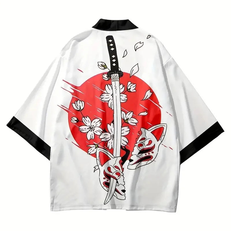 2024 New Japanese Cat Print Kimono Female Male Japanese Haoli Street Wear Cardigan Yukata Cosplay Samurai Street Fashion