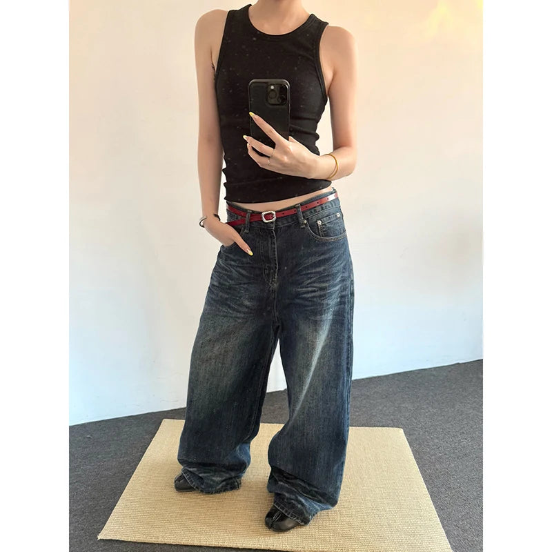 2025 Spring Vintage 2000s Loose Washed Do Old Wide Leg Pants Women's Harajuku Casual Jeans Y2K Baggy Blue Denim Trouser