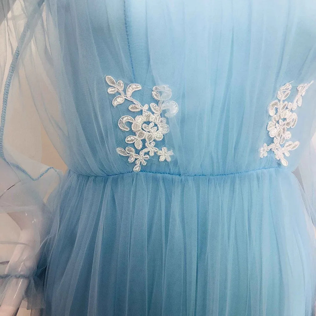 Wedding Backless Tulle Dress Floor Length Solid Color Fashion Long Sleeve Dress Women Lace Patchwork Multi Layered Dress