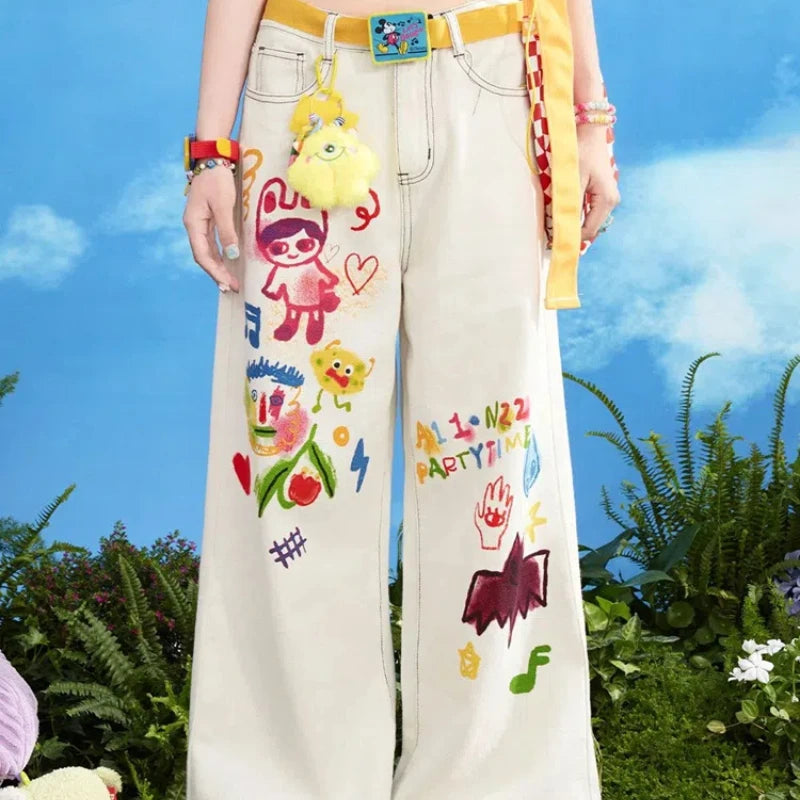 Kawaii Cartoon Young Style Sweet Summer Straight Jeans Women Printing Pockets Zipper Fashion Loose High Waist Wide Leg Trousers