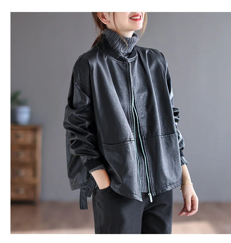 Amax luluE 2024 Autumn Fashion Biker Clothes Womens Loose Vintage Faux Leather Jackets Luxury Punk Pu Coats Black Big Outerwear