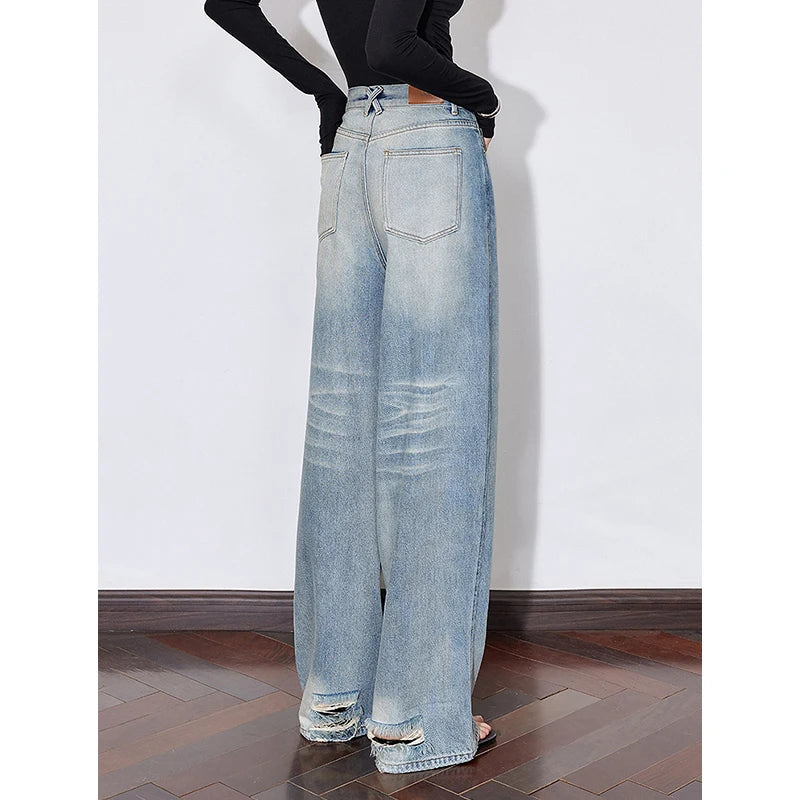 TOYOUTH Women Denim Jeans 2025 Spring New Mid Waist Wide Leg Straight Casual Long Pants