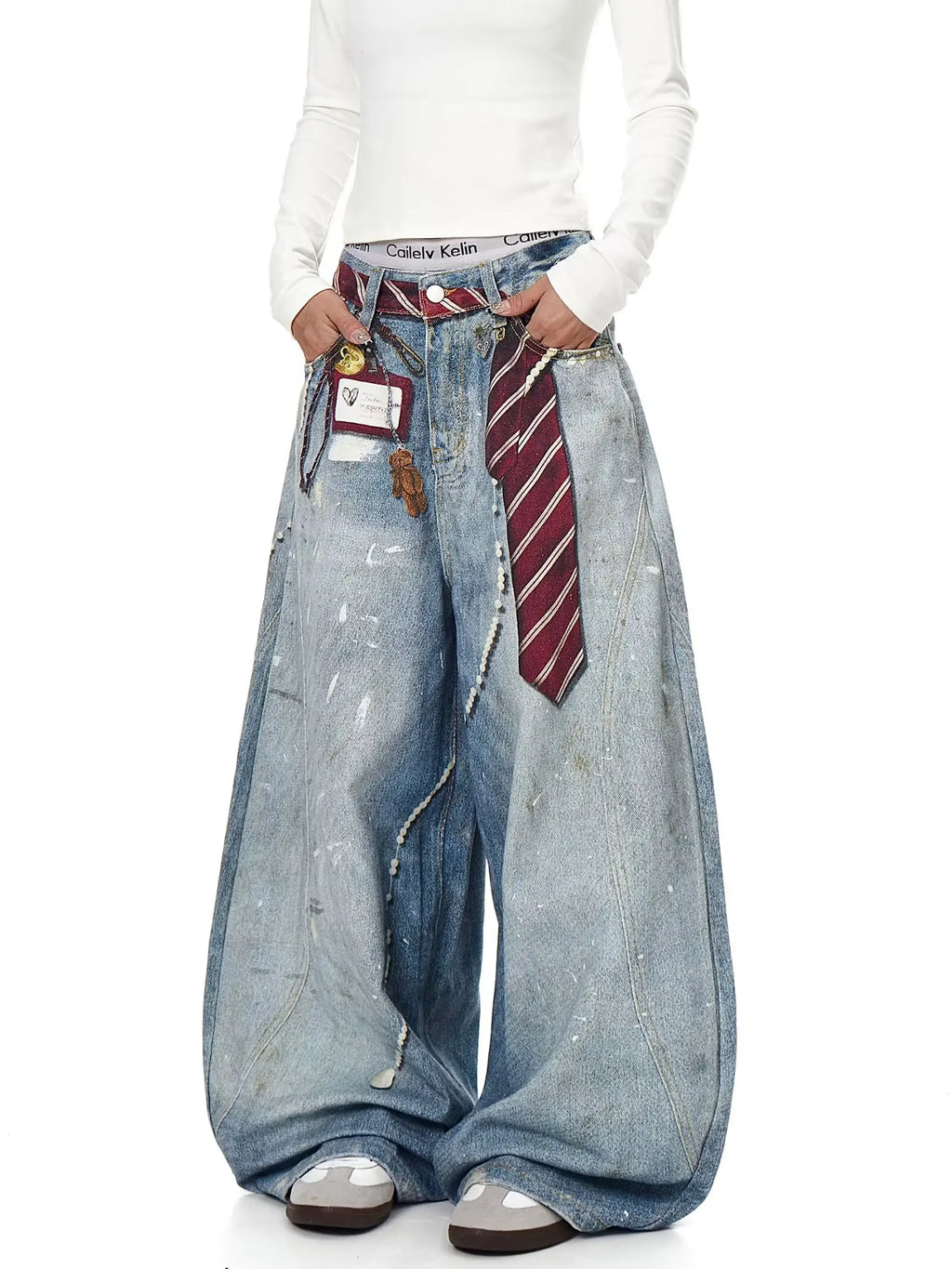3D printed American retro straight leg wide leg jeans washed and worn high street jeans for women loose fitting Harajuku fashion
