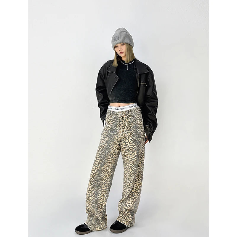 American Retro High Street Casual Overalls Leopard Print Loose Wide Leg Pants For Women Y2k Hip-hop Cargo Grunge Baggy Trousers