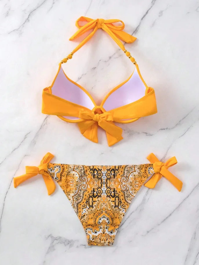 2026 Push Up Halter Bikini Printed Swimsuit Women Sexy Strappy Swimwear Female Bathers Bathing Swimming Swim Suit Beachwear