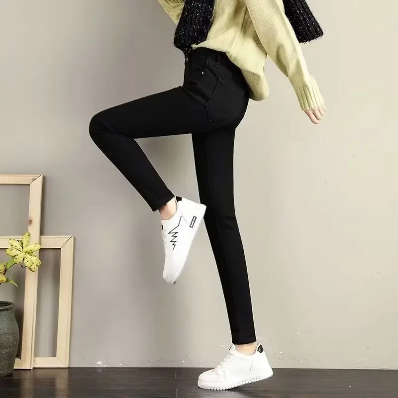 High Waist Fleece Lined Skinny Jeans Women's Autumn Winter New Style Pure Color Slimming Tight Fit Ankle Length Pants