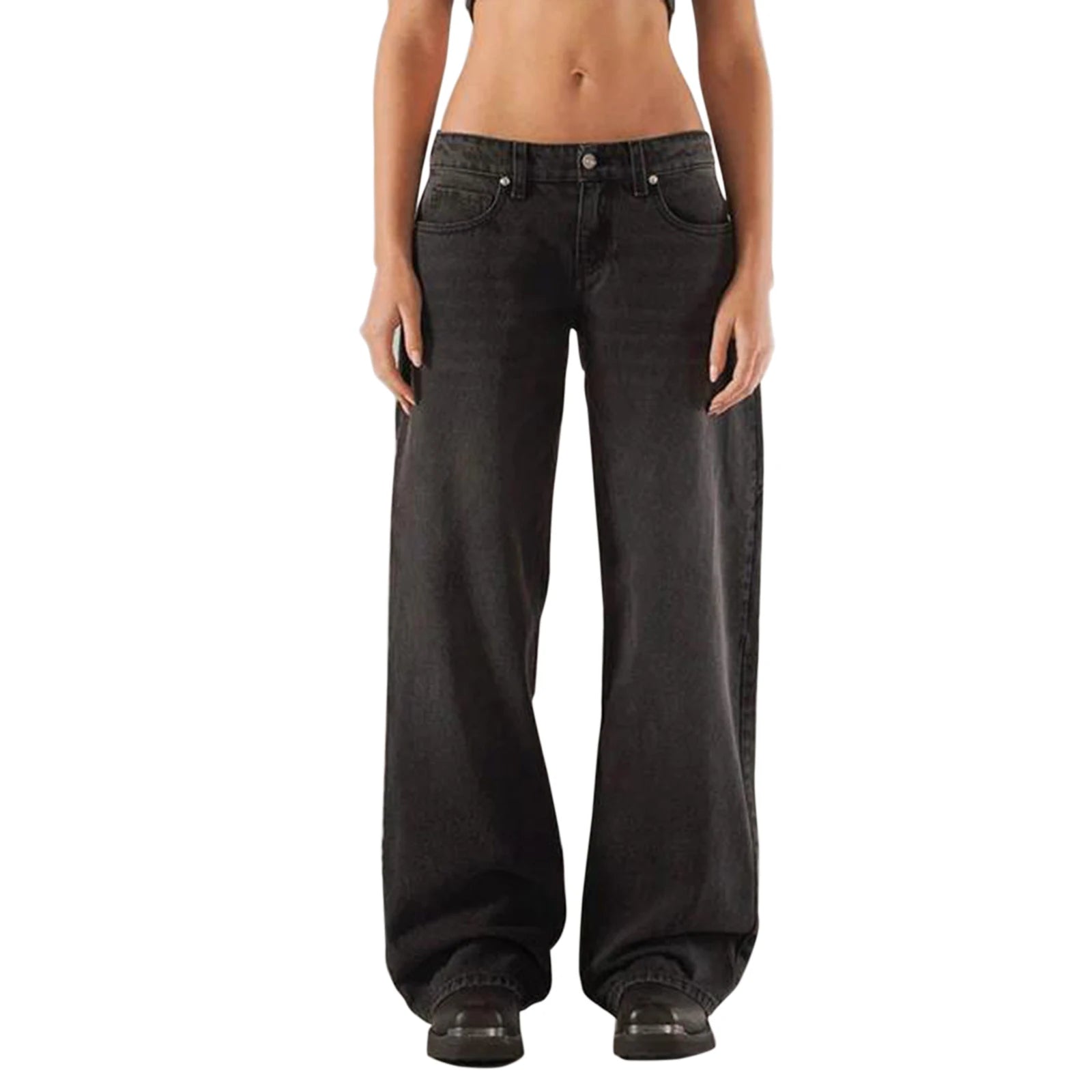 Women's Fall Jeans with Pockets Fashion Loose Fit Casual Solid Low Rise Wide Leg Denim Pants