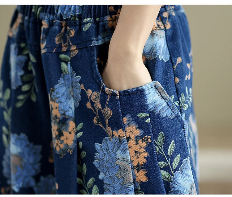 NYFS 2025 New Summer Vintage Print Woman Jeans Loose Plus size Trousers Elastic Waist Denim Wide Leg Pants