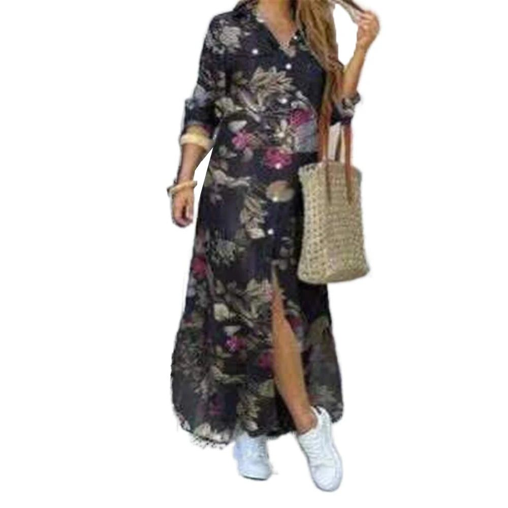 Camouflage Leopard Letters Floral Printed Dresses for Women 2025 Buttons Long Sleeve Loose Split Casual Solid Maxi Dress Robe