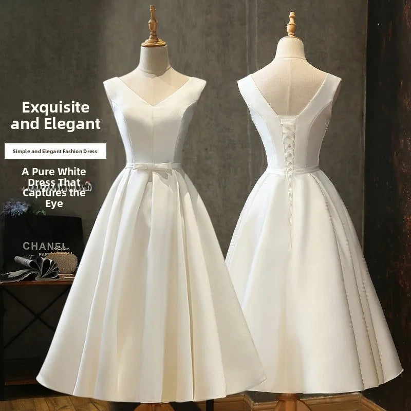 White V-Ne Mid-Length Evening Gown 2024 Sle Ele Slimming Sister's Dr for Wedding Par Celebration