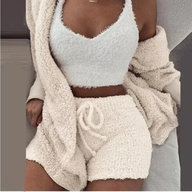 Cozy Knit 3 Pieces Set Fluffy Pajamas Women Casual Sleepwear Tank Top and Shorts Plus Size Hoodie Leisure Homsuit Winter Pijamas