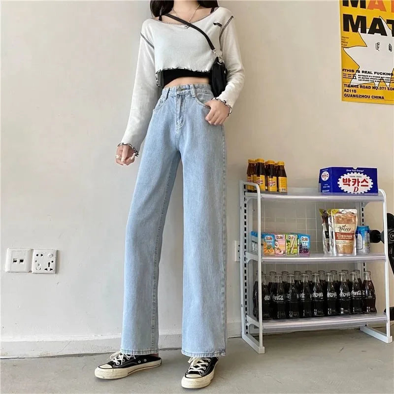 Loose Straight Leg Jeans, Korean Version of Women's Autumn Water Washing High-waisted Wide-leg Pants, Casual Floor-length Jeans
