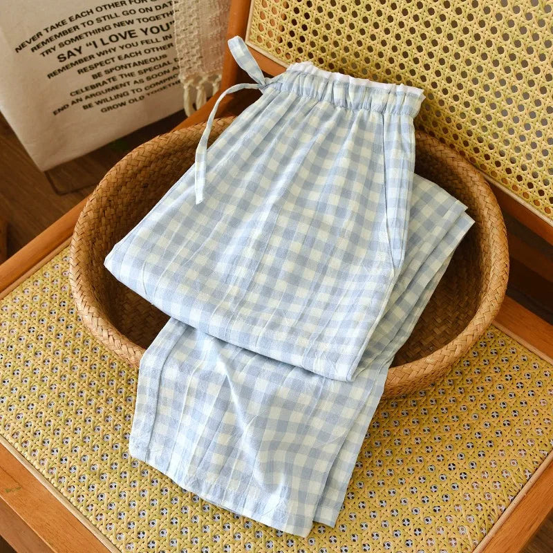 2026 new women's sleepwear 100% cotton gauze lace checkered pants Japanese minimalist home pants bottoms womens sleepwear