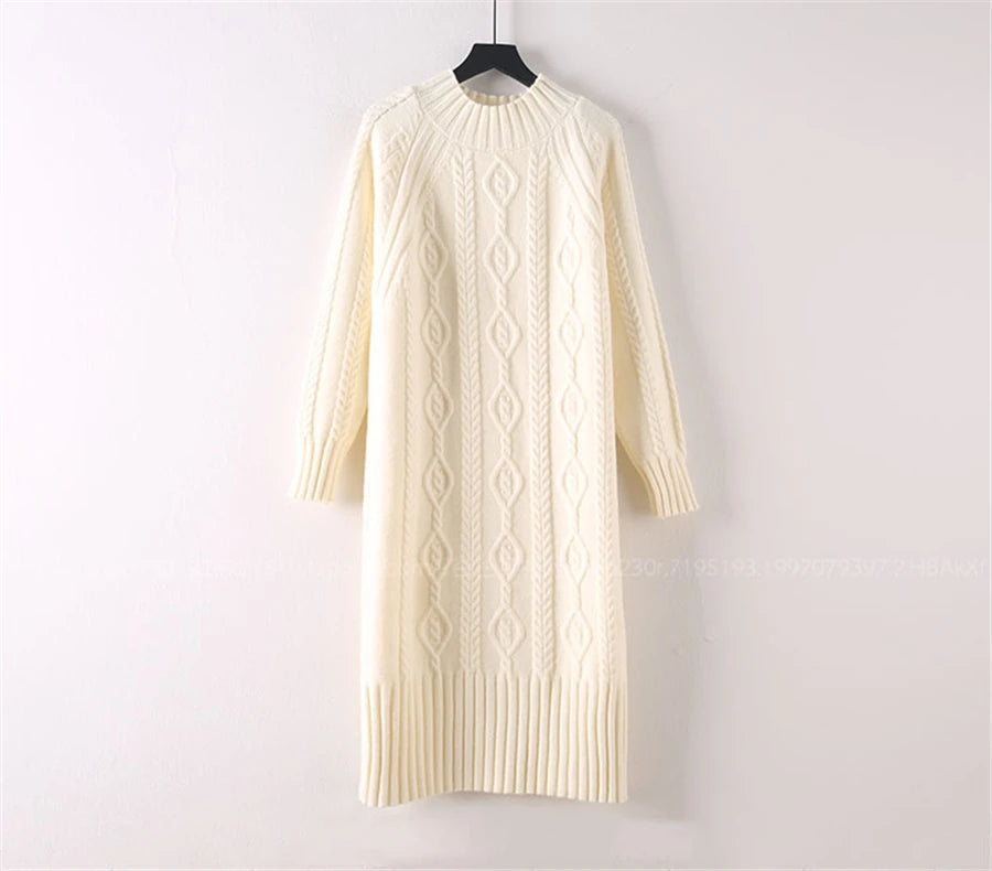 Winter Thicken Plush Velvet Lined Sweater Dress Women's Fall Half Turtleneck Rib Knit Bottom Dresses Elegant Warm Vestido Midi