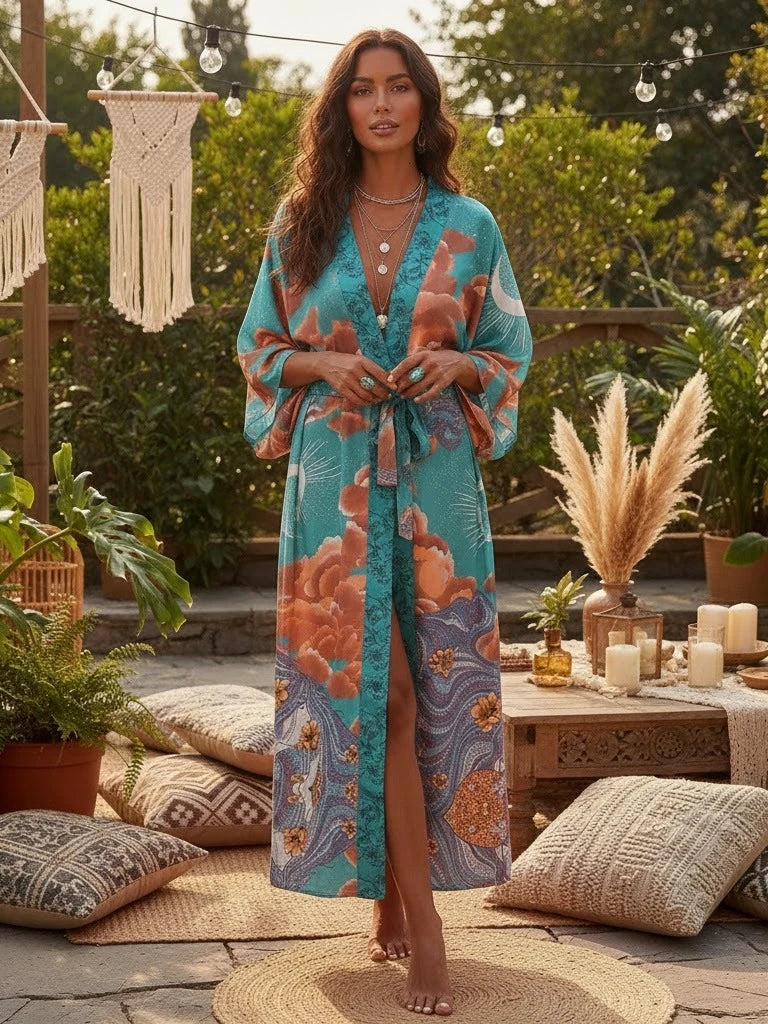 Vintage Chic Women Star and Moon Floral Print Bat Sleeve Beach Bohemian Kimono Dress Robe Ladies Summer Boho Bikini Cover-ups