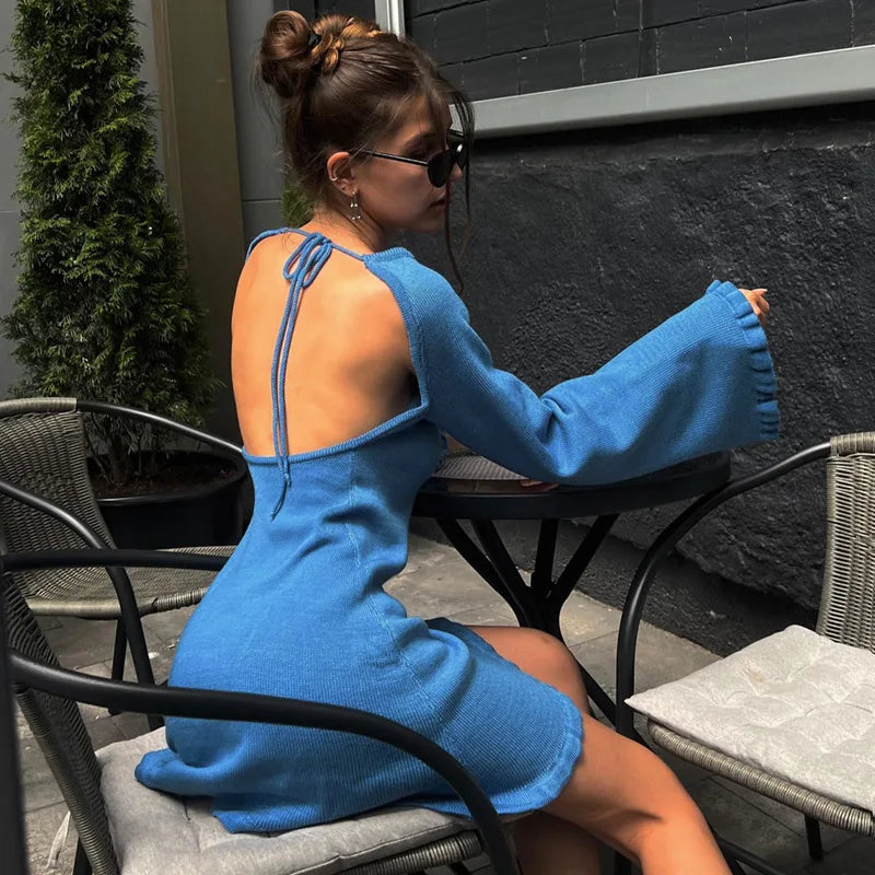 2026 Women Ins Style Sexy Backless Neck-hanging Long Sleeve Fishtail Dress Knit Beachwear Summer Swimsuit Bikini Cover-ups A2825