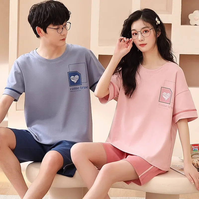 Couples Home Suit Women's Sleepwear Suit Man's Pajamas Set Cotton Short Sleeves Sleep Tops Shorts Pyjamas Nightwear Mujer Homme