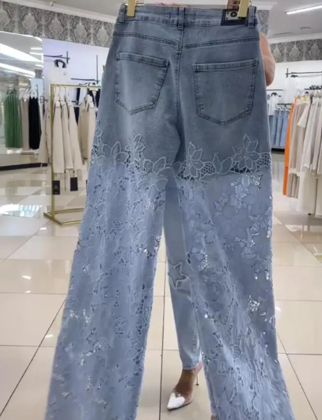 Women's Party Denim Pants Autumn Fashion Guipure Lace Patchwork High Waist Zipper Fly Wide Leg Washed Jeans for Women Wear