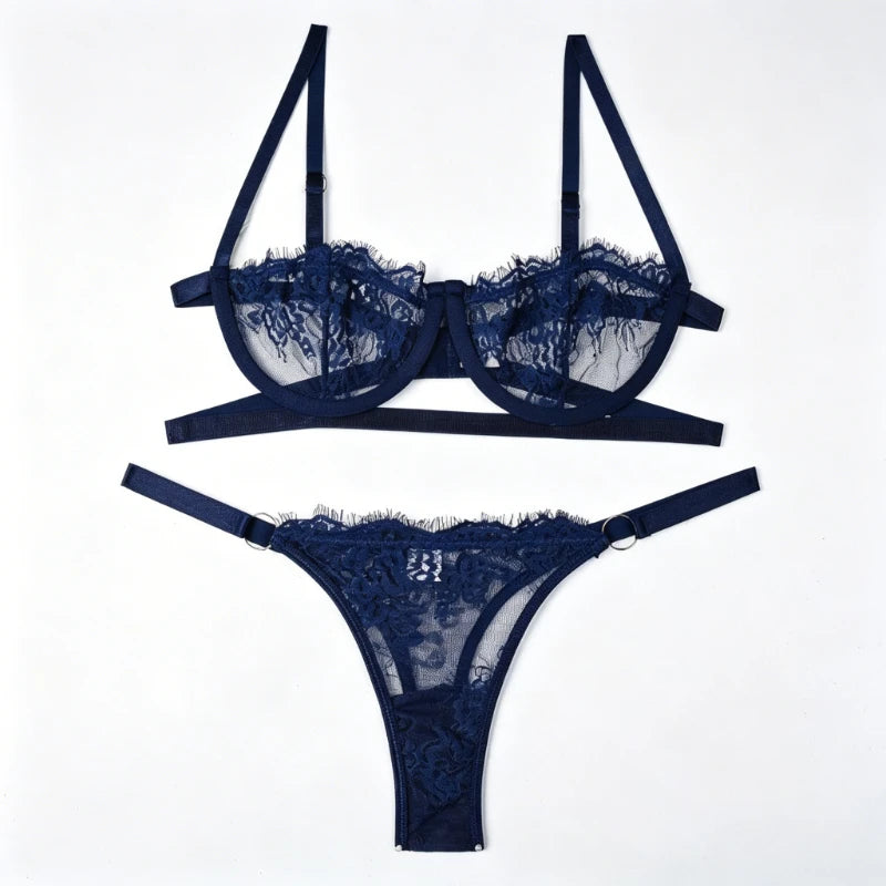 Sexy Transparent Lace Bra Women Lingerie Set Crotch Underwear Lingerie Steel Floral Underwire Lingerie Set Lingeries Womens Body
