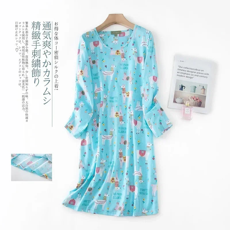 Knitted Cotton Women Plus Size Lingere Nightgown Loose Nightdress Long Sleeve Night Gown Cute Cartoon Home Dress Sexy Sleepwear