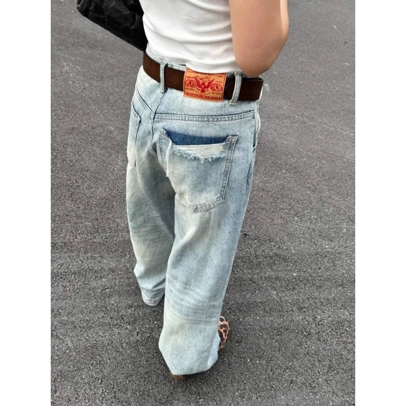 Wash Retro Light Blue Neutral Denim Trousers Women's Summer Cool Girl Pants Vintage Bottoms Female High Waist Wide-leg Jeans