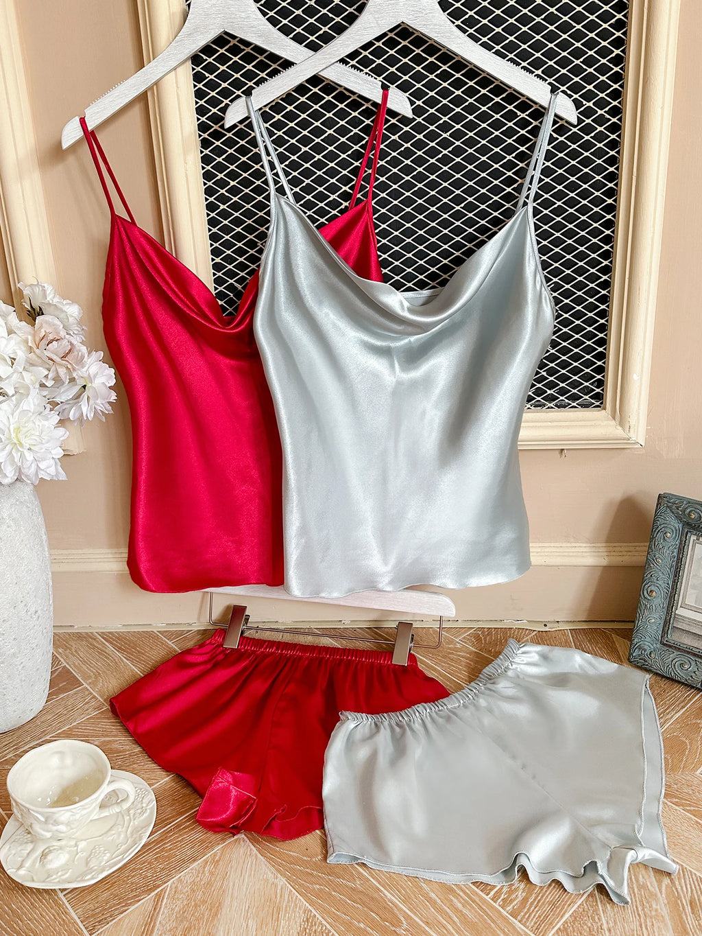 Summer Women's Sexy Solid Satin Pajama Set Top and Shorts soft and comfortable Four piece set