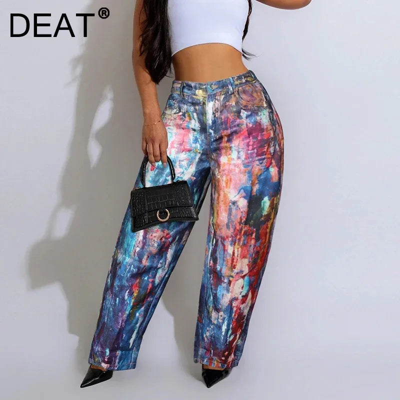DEAT Fashion 3D Printed Wide Leg Curved Jeans Women's High Waist Loose Blue Streetwear Denim Pants New Tide Summer New 7AB9379