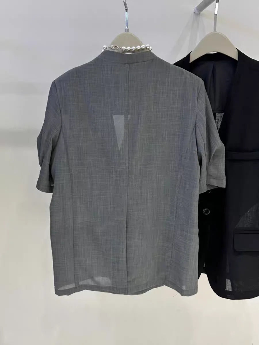 Slimming V-Ne Wide-Sle ort-Sve Suit Jaet Faionable Outerwear Commute Sle Polyester Casual Regular Length