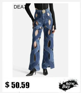DEAT Fashion 3D Printed Wide Leg Curved Jeans Women's High Waist Loose Blue Streetwear Denim Pants New Tide Summer New 7AB9379