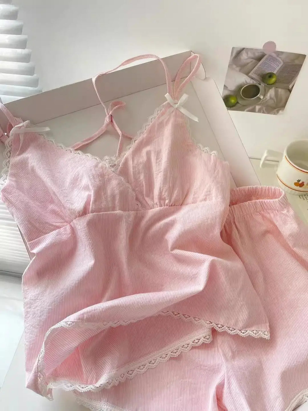 Lace Sleepwear Women Pajama Sets Striped Korean Piiama Summer Shorts Sets 2 Pieces Spaghetti Strap Night Wears Pink Home Suit
