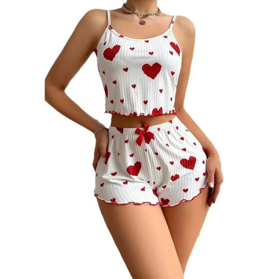 Casual Love Printing Women's Pajamas Set Sleepwear 2 PCS Short Tank Tops and Shorts White Ventilate Soft Homewear Nightwear