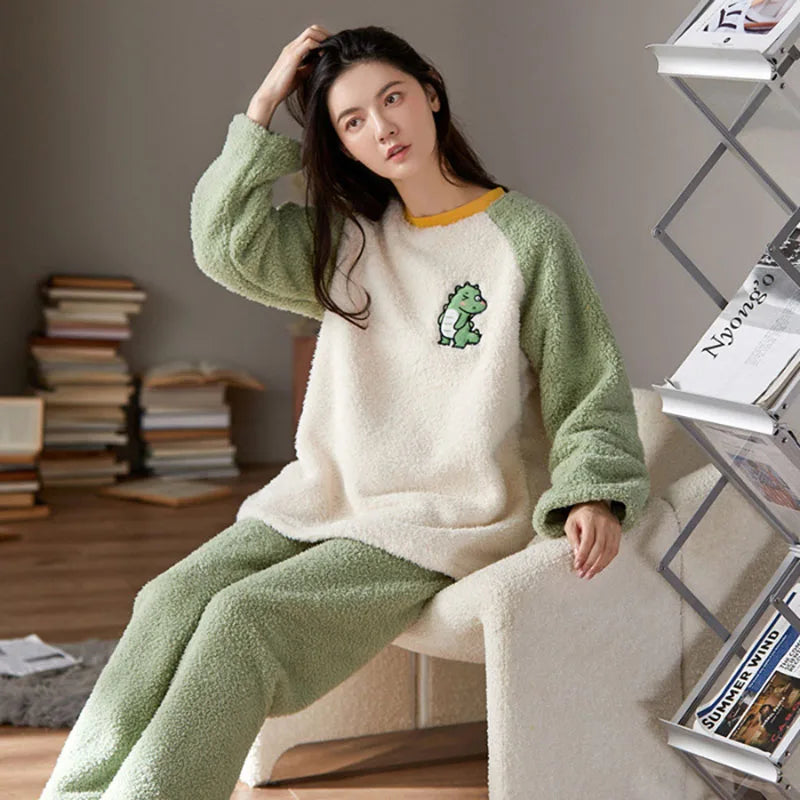Thickened Warm Winter Flannel Ladies Pajamas Top and Pants Padded Nightwear Homewear Cartoon Bear Women's Sleepwear Loungewear