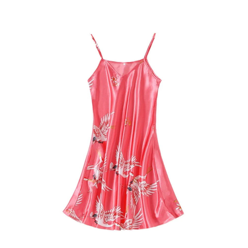 Red-crowned Crane Women's Pajama Dress Thin Homewear Ice Silk Suspender Nightdress Party Dress Sleeveless Slim Sling Nightgown