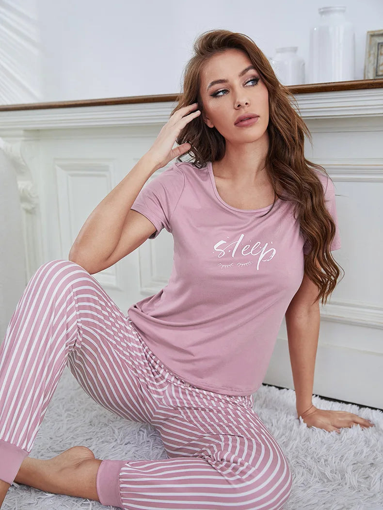 Ladies 2 Piece Summer Homewear Nightwear Spring Women Short Sleeve Long Pants Printed T-Shirt Ladies Pajamas Casual Set