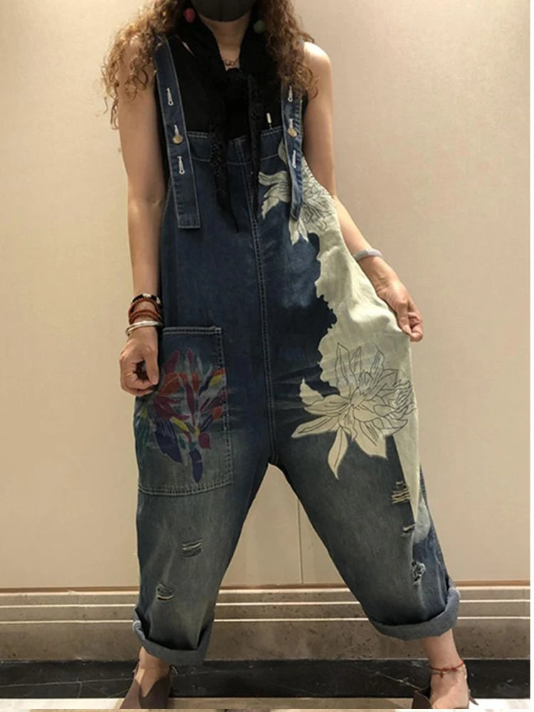 Amax luluE 2025 Korean Fashion Spring Female Printed Denim Overalls Ladies Vintage Casual Jeans Women Loose Trousers Wide Pants