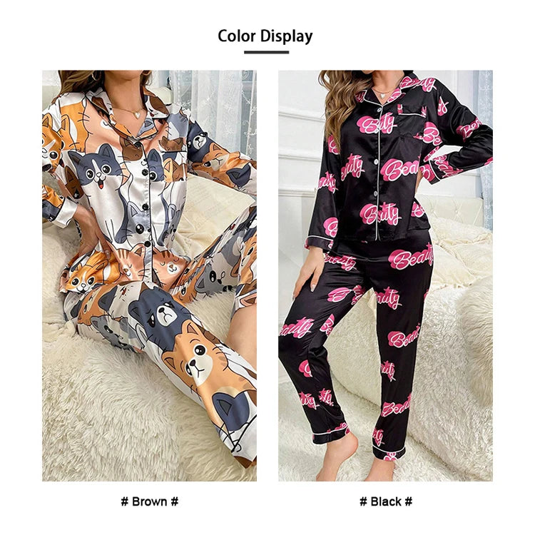 Cute Cat Print Pajama for Women Satin Long Sleeve Lapel Collar Tops & Pants Pyjama Loungewear for Fall Ladies Sleepwear Pj Sets