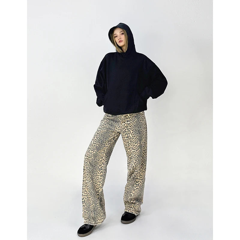 American Retro High Street Casual Overalls Leopard Print Loose Wide Leg Pants For Women Y2k Hip-hop Cargo Grunge Baggy Trousers