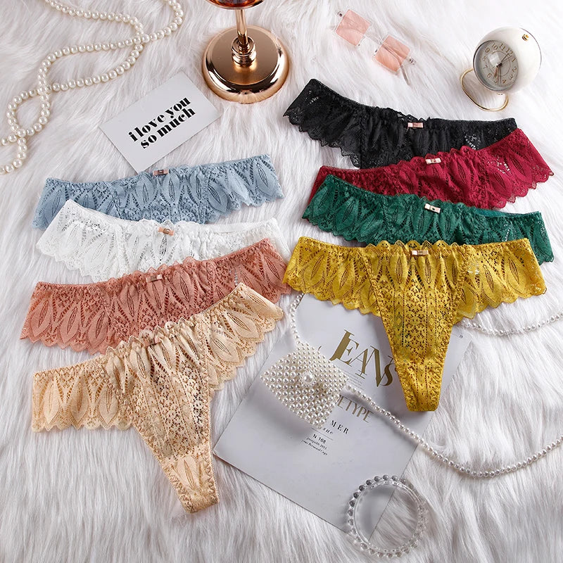 BANNIROU Women's Thongs Underwear Female Intimates T-back G-string Sexy Transparent Lace Low-Rise Panties Lingerie For Woman