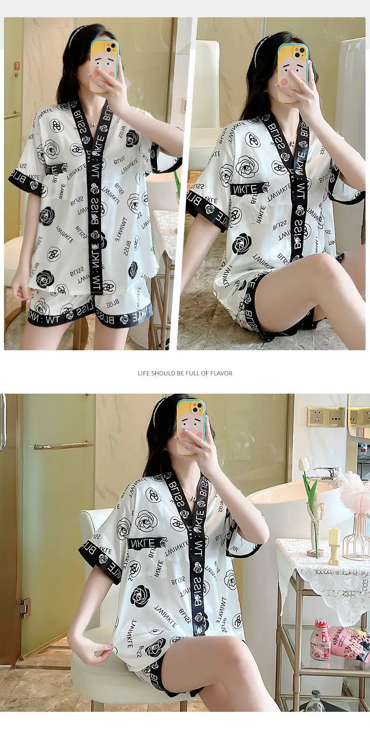 Luxury Women Silk Sleepwear Summer Short Sleeve Cardigan Shorts Two Pieces Homewear Kawaii Clothing Pajama Sets Nightwear Korean